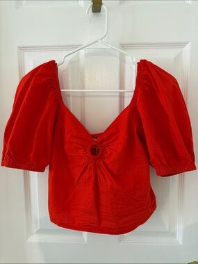 Red Puff-Sleeve Tie-Front Women's Blouse